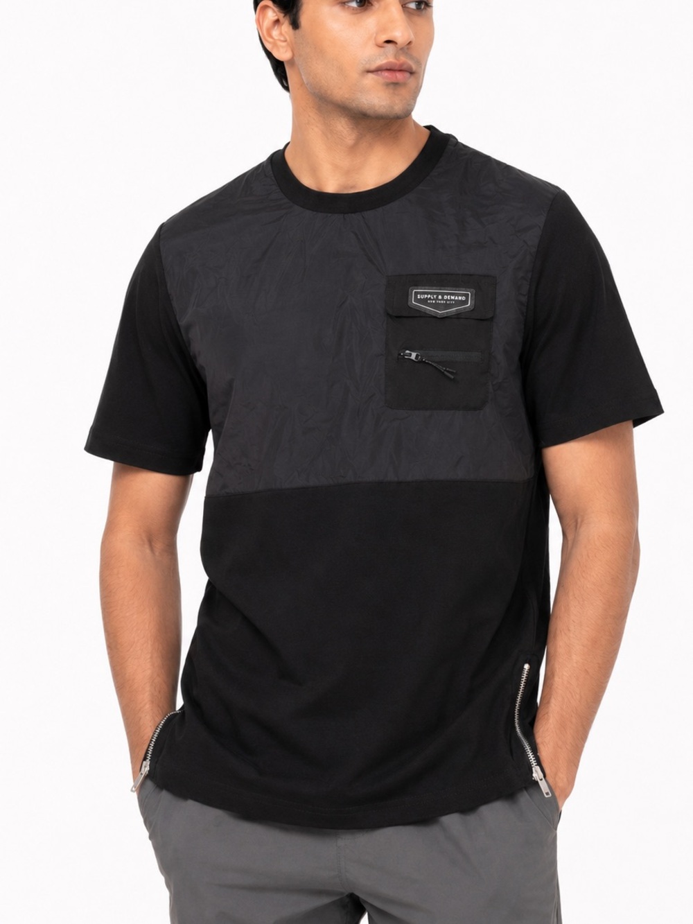 Supply & Demand NYC Men's Black Nylon Panel Chest Pocket Crew Rumble Tee NWT